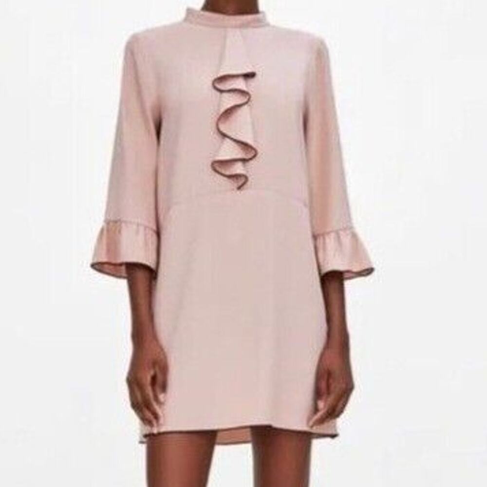 Zara Frill Ruffle Detailed Mini Dress High Neck 3/4 Ruffled Sleeve XS Pink #3987
